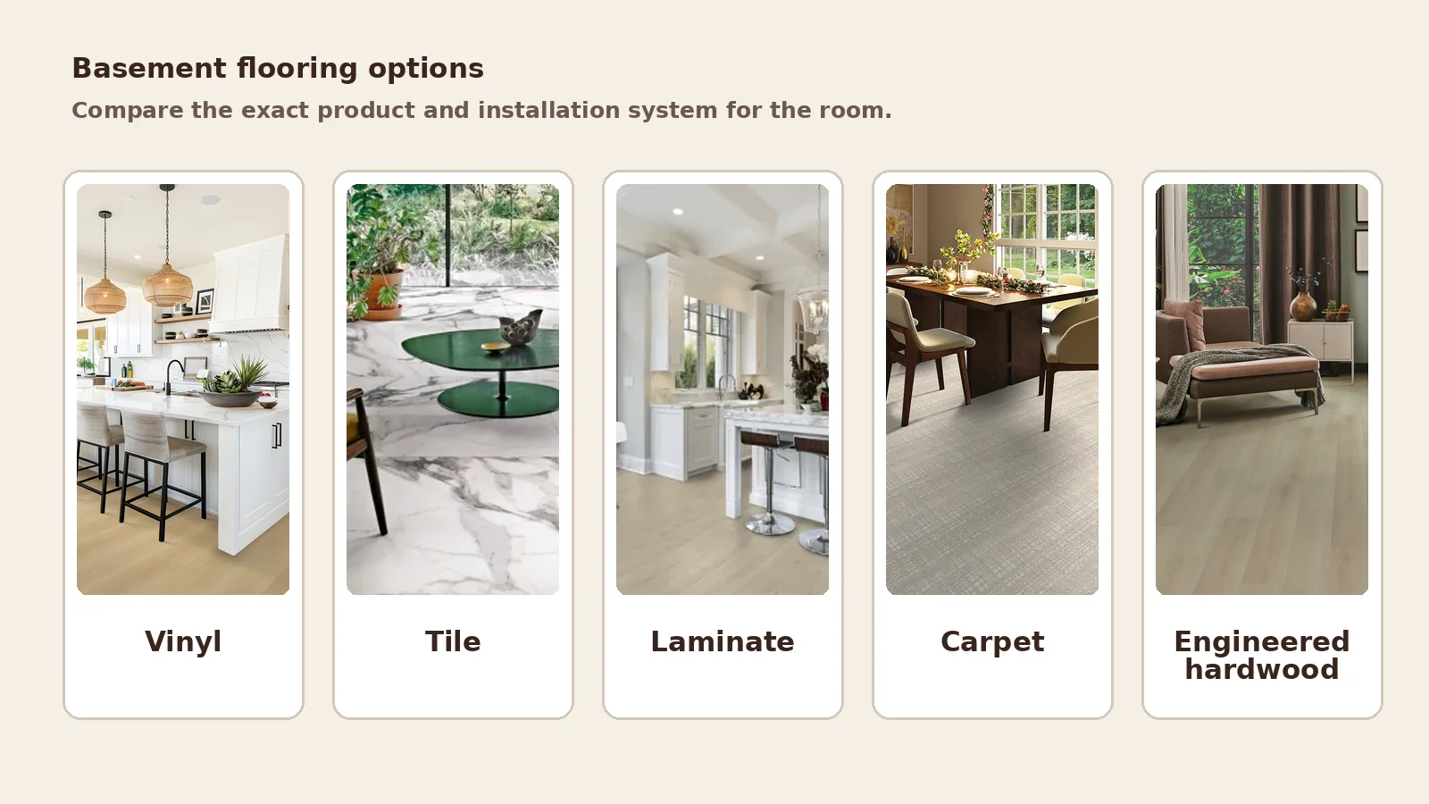 Best flooring for basements: what to compare before choosing Correct comparison of vinyl, tile, laminate, carpet, and engineered hardwood flooring