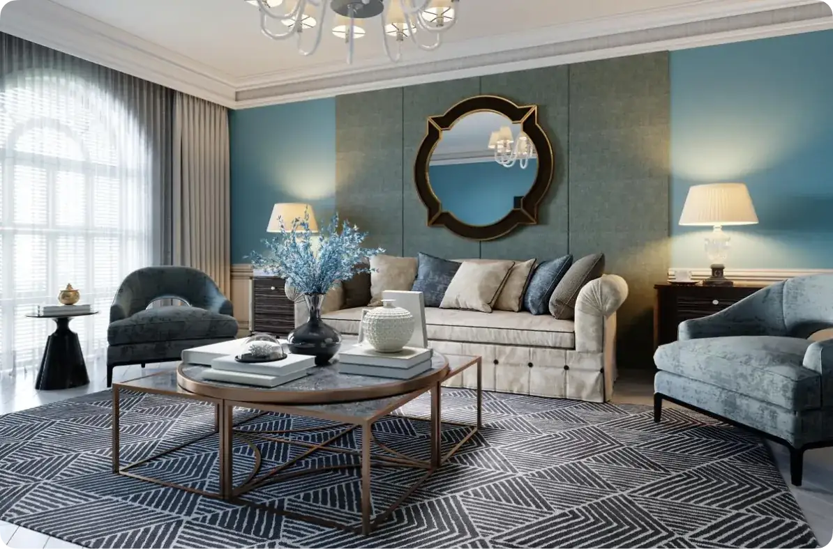 Blue living room with a dark geometric area rug