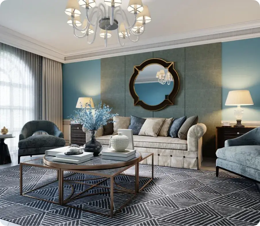 Blue sitting room with a dark geometric area rug