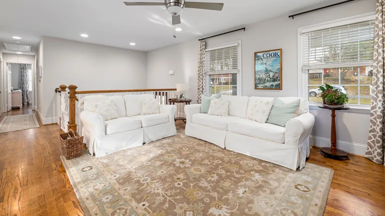 Bright living room with hardwood flooring and a large area rug