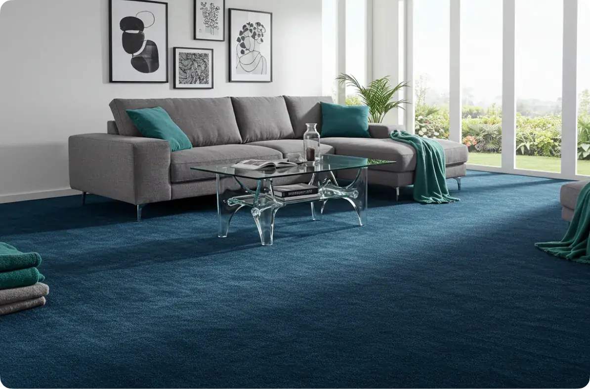 Living room with deep blue wall-to-wall carpet