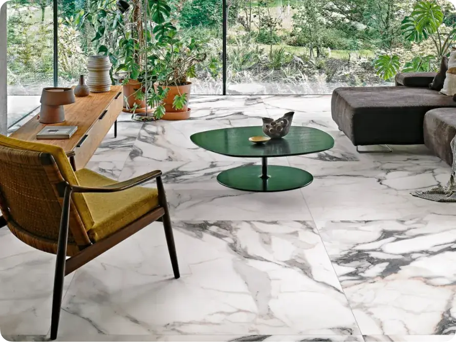 Living room with large white marble-look floor tiles