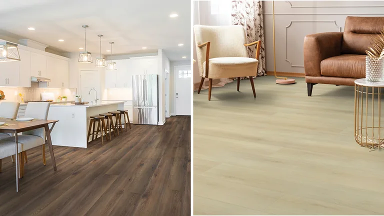 Beaulieu Grand Manor wood-look vinyl flooring in a kitchen with a dark floor and a living room with a light floor