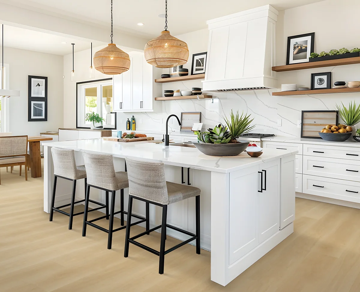 Mohawk Kentmore Lodge Jute Oak resilient flooring in a bright kitchen