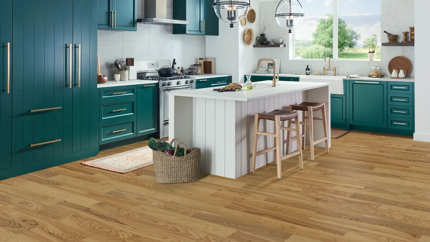 Bruce Dogwood Pro engineered hardwood in a teal and white kitchen