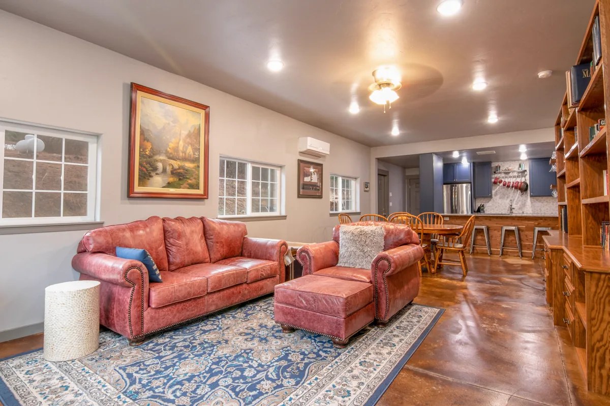 Leather sofa and armchair with their front legs placed on a blue patterned area rug