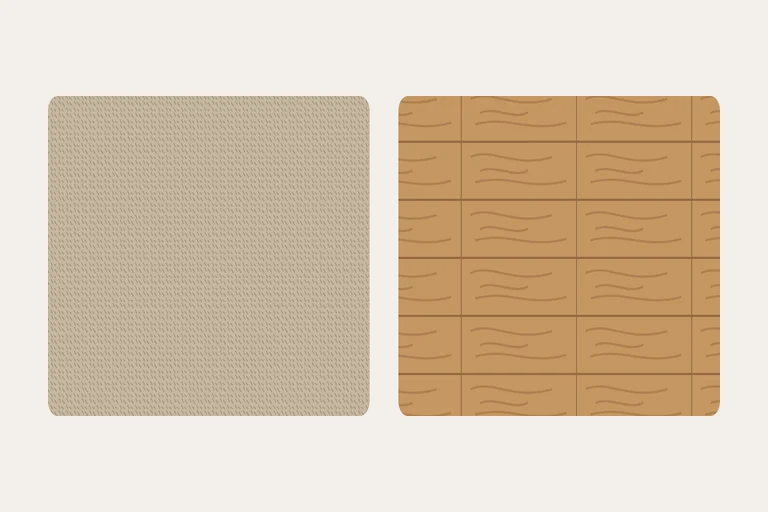 Illustrated comparison of a soft carpet texture and hardwood planks for bedroom flooring